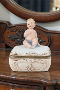 Vintage Topline Bisque Porcelain Baby on Pillow Trinket Box