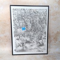 A 1998 vintage framed nature drawing print on a tan textured background. The large black and white sketch depicts a dense jungle filled with animals like a panda, owl, and turtle, accented by a single bright blue colored butterfly.