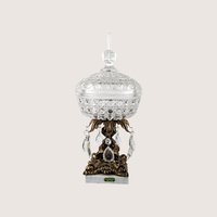 Vintage crystal covered candy dish on a brass pedestal with acrylic prisms and a white Italian marble base.
