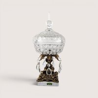 Vintage crystal covered candy dish on a brass pedestal with acrylic prisms and a white Italian marble base.