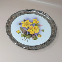1960s BMF Germany Floral Porcelain Tray with Silver Plate Gallery Rim