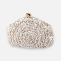 Cream satin kiss-lock coin purse heavily embellished with a swirling pattern of white seed beads and iridescent sequins.