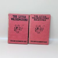 Two vintage 1918 hardcover books titled The Little Washingtons and The Little Washingtons' Relatives with red textured covers and black illustrations of children