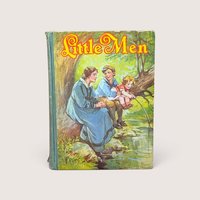 An antique book cover titled "Little Men" featuring an illustration of children fishing, on a beige background.