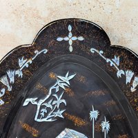 1960s Asian Black Lacquer Mother of Pearl Inlaid Wall Platter
