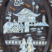 1960s Asian Black Lacquer Mother of Pearl Inlaid Wall Platter