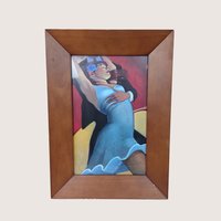 Framed painting print of a tango dancing couple in a blue dress and black suit against a bold red background.