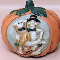1990s Ceramic Skeleton Pumpkin Halloween Tealight Holder Set