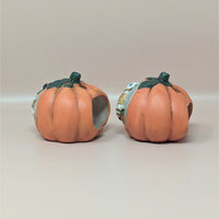 1990s Ceramic Skeleton Pumpkin Halloween Tealight Holder Set