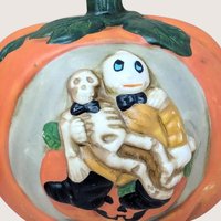 Vintage Ceramic Skeleton Pumpkin Tealight Holder Set
