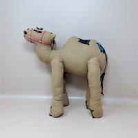 Measurements: 13" height  Decade: 1940s  Style: Folk art  Material: Cloth  Condition: Good condition  Features: Handmade from vintage pattern, swinging legs, embroidered details, ribbon harness