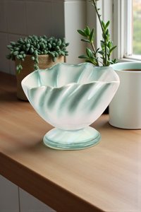 Vintage 5" Regal Green and White Ceramic Pedestal Planter