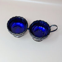 1950s English Celtic Silverplated Cobalt Blue Glass Cream Sugar Set