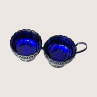 1950s English Celtic Silverplated Cobalt Blue Glass Cream Sugar Set