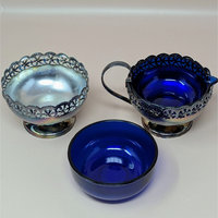 1950s English Celtic Silverplated Cobalt Blue Glass Cream Sugar Set