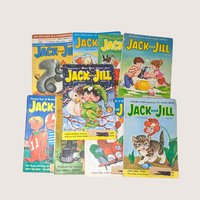A collection of nine vintage Jack and Jill children magazines from the 1960s with colorful illustrated covers.