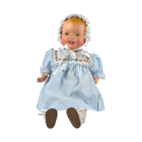 Blonde Baby Doll in Blue Dress and Bonnet, Large Vintage Doll with Moving Eyes and Sound