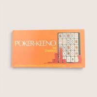 Vintage Poker-Keeno game box in bright orange showing a playing board grid and stacks of red plastic chips.