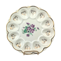 Vintage Ceramic Deviled Egg Tray, Plate, Purple Violets, Gold Trim, 9.25 Inch, Floral Appetizer Server, Holiday Entertaining