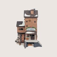 Dept. 56 Great Denton Grain and Carding Mill ceramic building with a water wheel and snow-dusted roofs on a plain background.