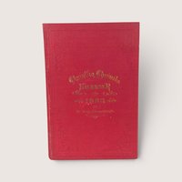 Antique red cloth hardcover book with gold gilt lettering titled Christlig Chronika Kalender for 1883.
