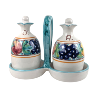 Vintage Italian Pottery Cruet Set, Hand Painted Oil and Vinegar Bottles with Caddy, Tuscan Kitchen Decor, Made in Italy