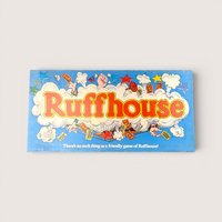Vintage Ruffhouse board game box in light blue with bubble letters surrounded by comic book style action explosions.