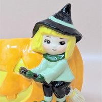 Vintage Halloween Witch Riding Pumpkin Planter