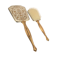 Vintage Vanity Mirror and Brush Set, Gold Tone Floral Damask Dresser Set, Mid Century Hollywood Regency Decor, Hand Mirror and Hairbrush