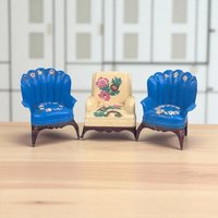 Vintage Renwal Dollhouse Chairs, Set of 3, 1:16 Scale Living Room Furniture, Blue Shell Back & Lawson Armchair, Collector Toy