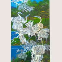 Vintage Asian Lacquer Mother of Pearl Inlay Crane Bird Wall Panel