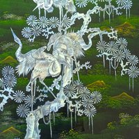 Vintage Asian Lacquer Mother of Pearl Inlay Crane Bird Wall Panel