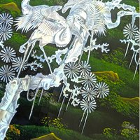 Vintage Asian Lacquer Mother of Pearl Inlay Crane Bird Wall Panel
