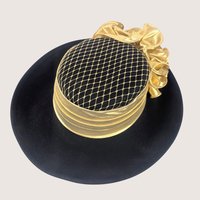 Vintage Sonni San Francisco Black Wool Metallic Gold Cocktail Brim Hat