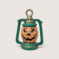 Vintage Halloween lantern decoration with a central jack-o'-lantern face, green frame, and gold trim, centered on a plain linen background.