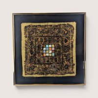 A framed 2000 mixed media painting by Barbara DeVault featuring textured handmade paper, paint, and beadwork.