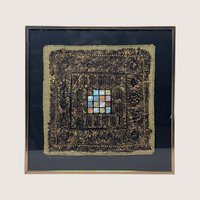 A framed 2000 mixed media painting by Barbara DeVault featuring textured handmade paper, paint, and beadwork.