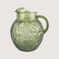 Vintage Anchor Hocking green crinkled glass ball pitcher with an integrated ice lip, shown on a neutral background.