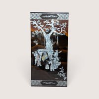 A large rectangular black lacquer wall panel featuring a detailed mother of pearl inlay scene under a large tree.