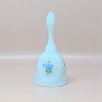 A vintage light blue Fenton milk glass bell featuring a hand-painted blue rose and delicate floral details, signed by artist A.J. Knopp.