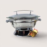 Vintage Serv Master chrome chafing dish with a clear glass casserole bowl and hanging gold paper retail tag.