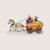 1995 Lemax Dickensvale porcelain figurine of a horse pulling a hayride wagon with three passengers on a linen background