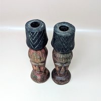 1970s Hand Carved Wood Candlestick Holders Pair