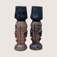 1970s African Hand Carved Wooden Figural Candlestick Holder Pair