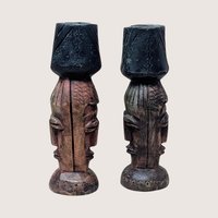 1970s African Hand Carved Wooden Figural Candlestick Holder Pair