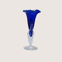 1980s Dan Dechard Signed Studio Art Glass Vase Cobalt Blue Trumpet