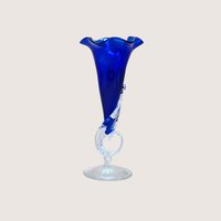 1980s Dan Dechard Signed Studio Art Glass Vase Cobalt Blue Trumpet