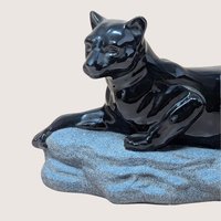 1990s Sue B Signed Ceramic Black Panther Figurine Reclining Statue