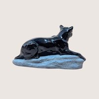 1990s Sue B Signed Ceramic Black Panther Figurine Reclining Statue