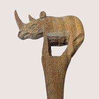 1970s Hand Carved Wooden Safari Salad Bowl and Rhino Utensils Set